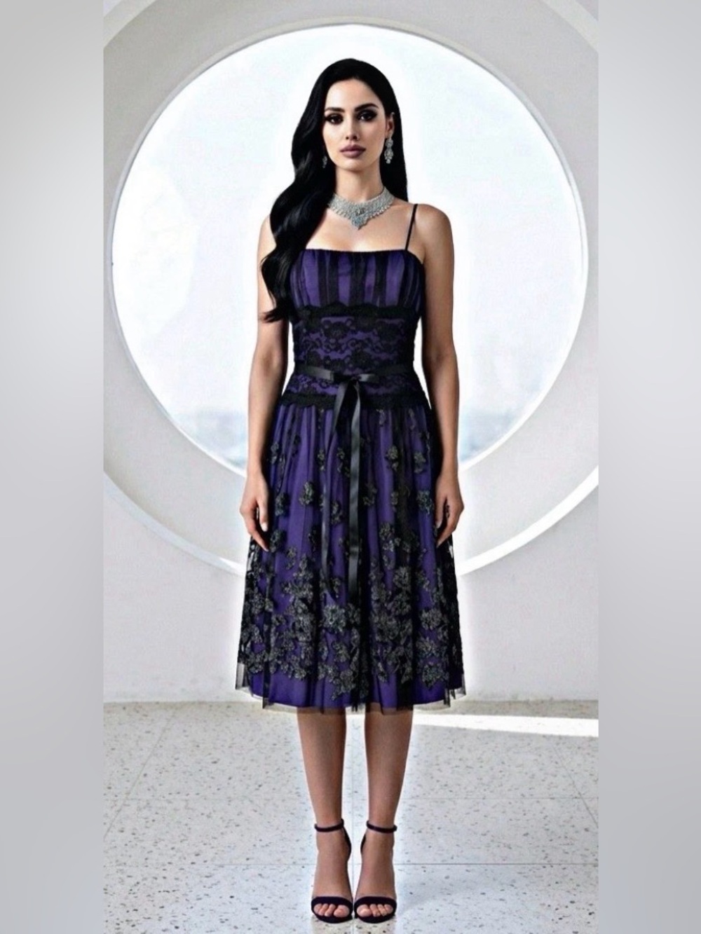 BLACK CHIFFON WITH GLITTER FLOWERS & PURPLE LINED DRESS
SIZE M BY JANE U.S.A.